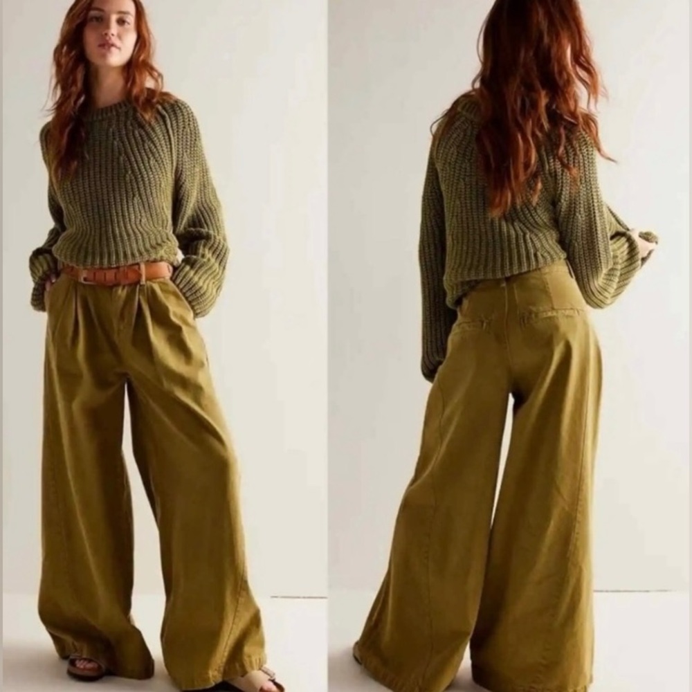 Free People Equinox Denim Trousers In Olive Branch Size 31.  We The Free